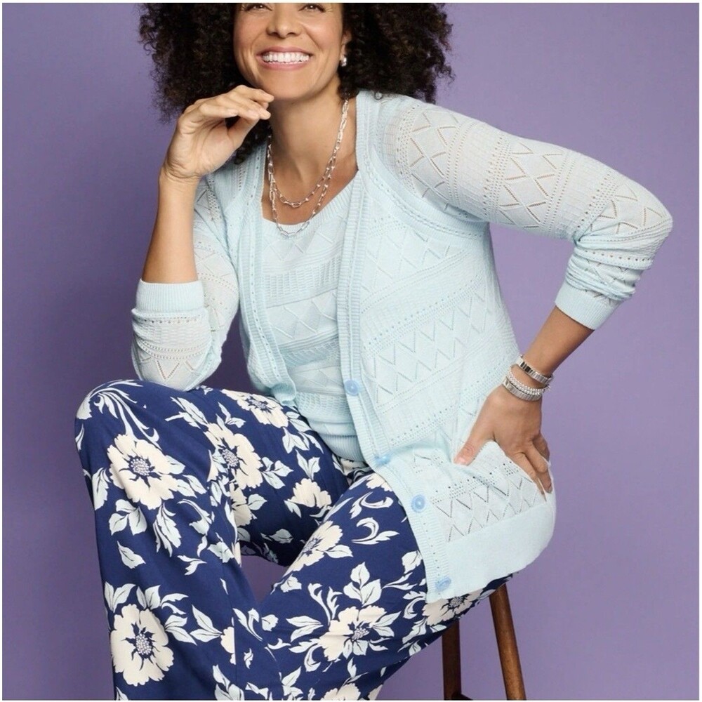 Talbots Plus Cardigan Tank Pointelle Knit Twin Set 2X Light Blue Cotton Modal